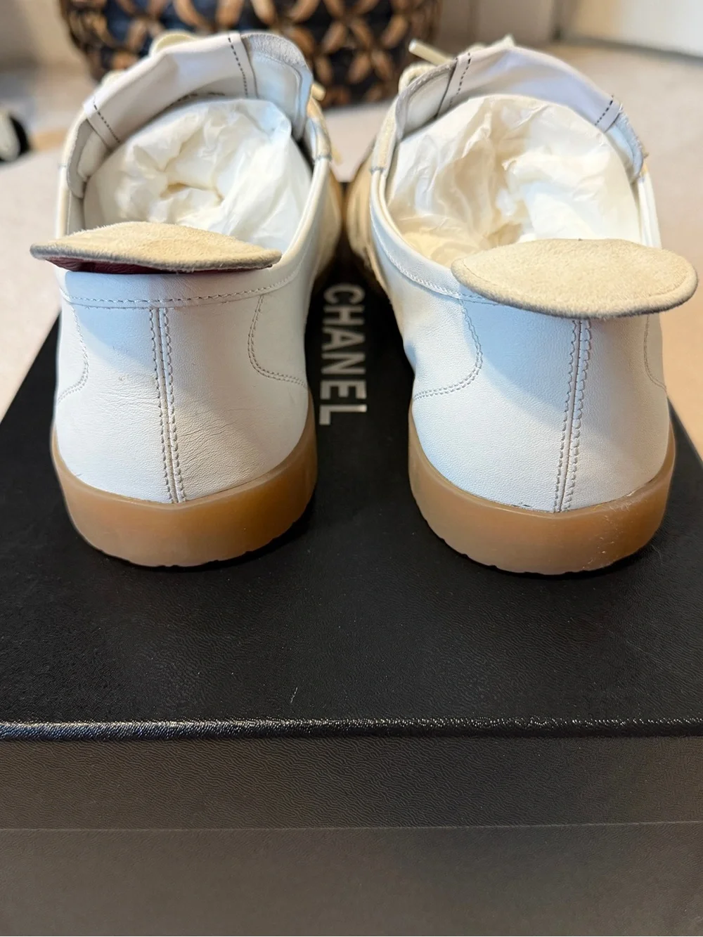 CHANEL White & Black Leather Sneakers